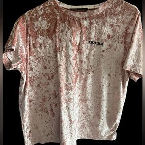 Rags to riches pink crushed velvet tshirt/long cropped top queen embroidered